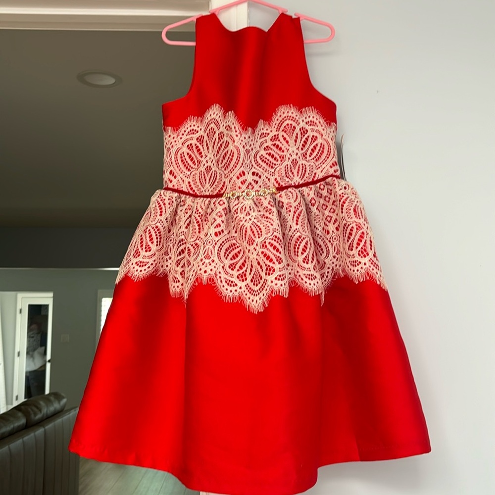 Little girl red dress with lace detailing and gold / velvet waist band.